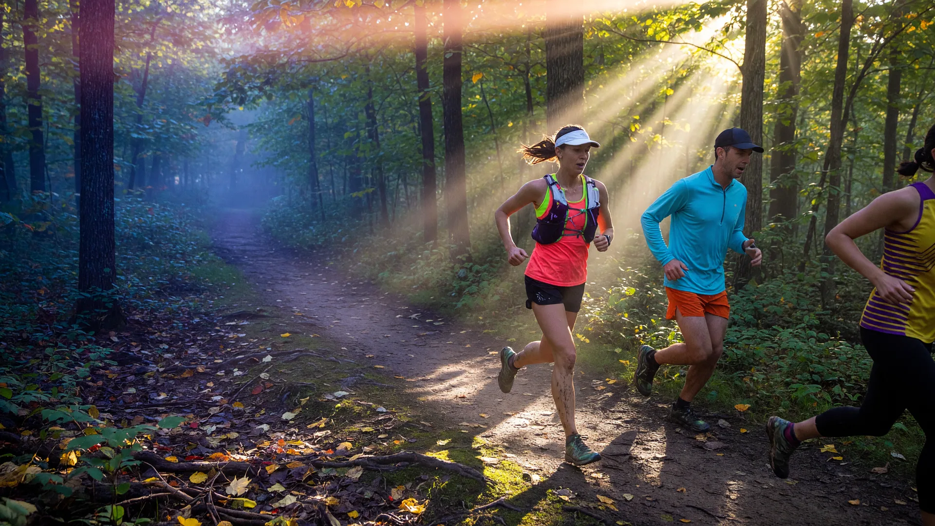 Trail runners moving along a shaded forest path in golden September morning light