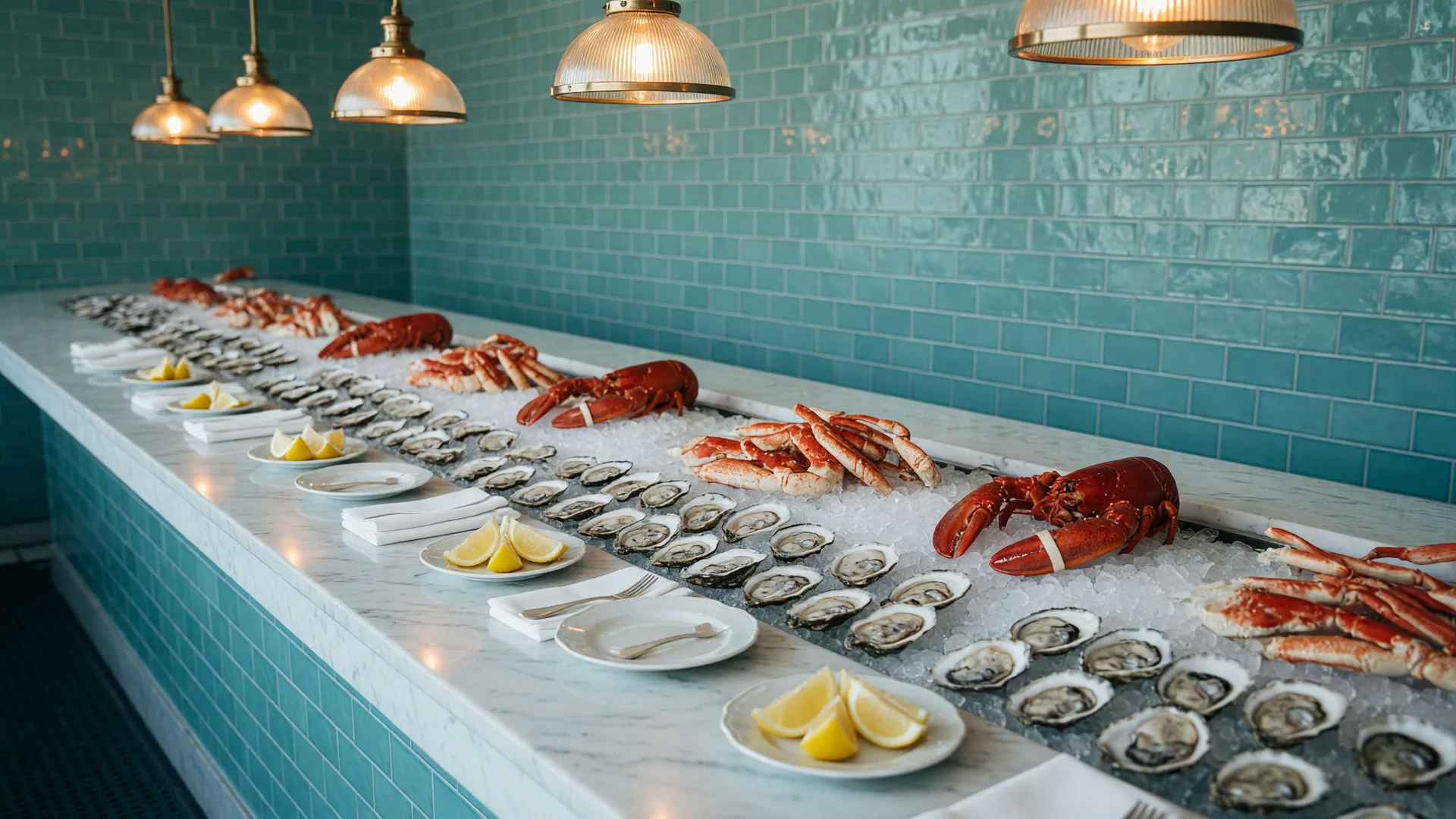 Elegant seafood raw bar with fresh shellfish on ice