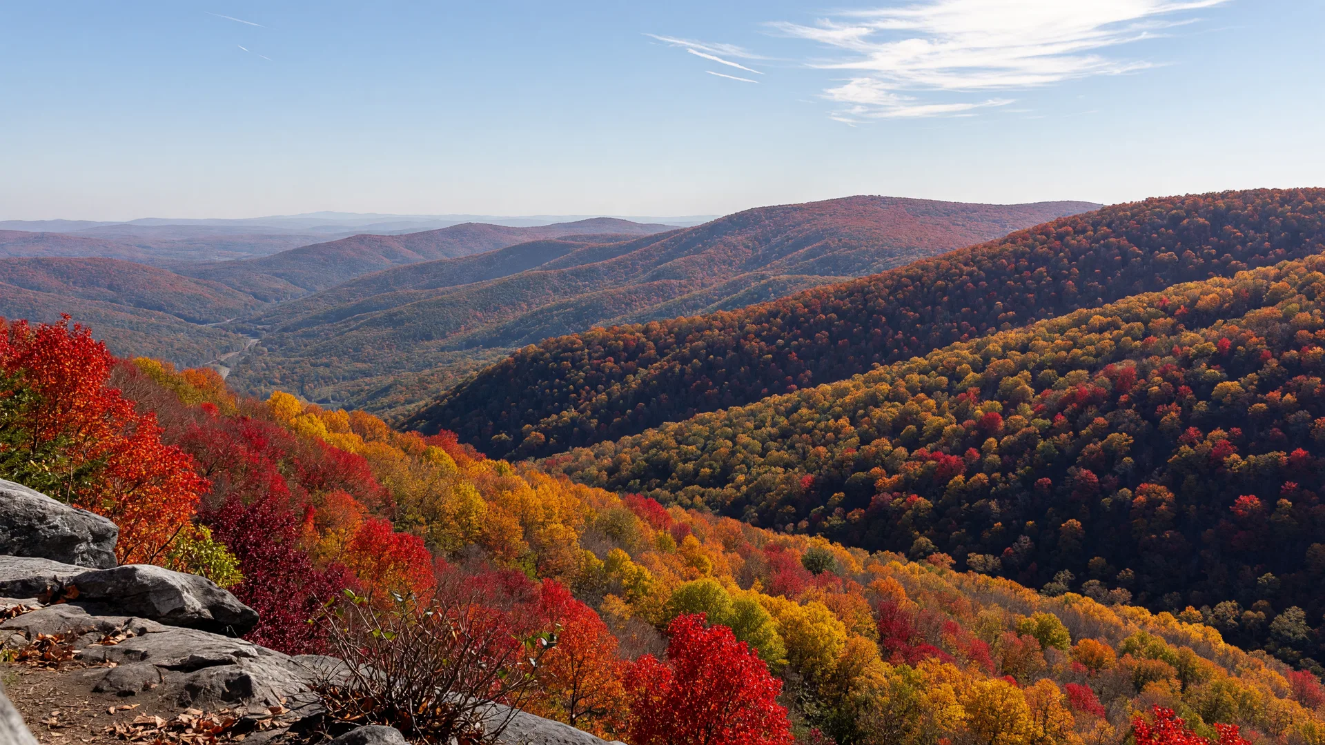 Eastern Pennsylvania Blue Mountain ridgelines near peak fall color in late October, with gold, orange, crimson, and deep red foliage under a clear late-morning sky