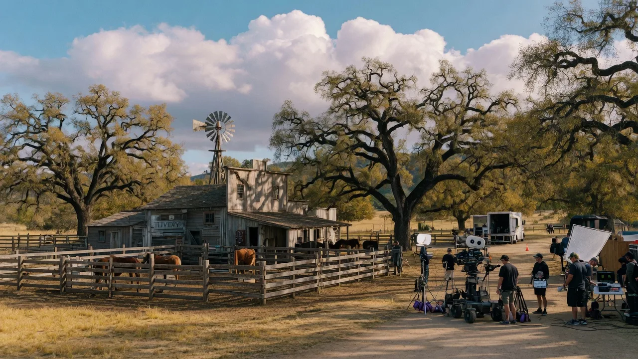 Historic Western film ranch in Santa Clarita Valley with oak trees and film crew under a dramatic sky