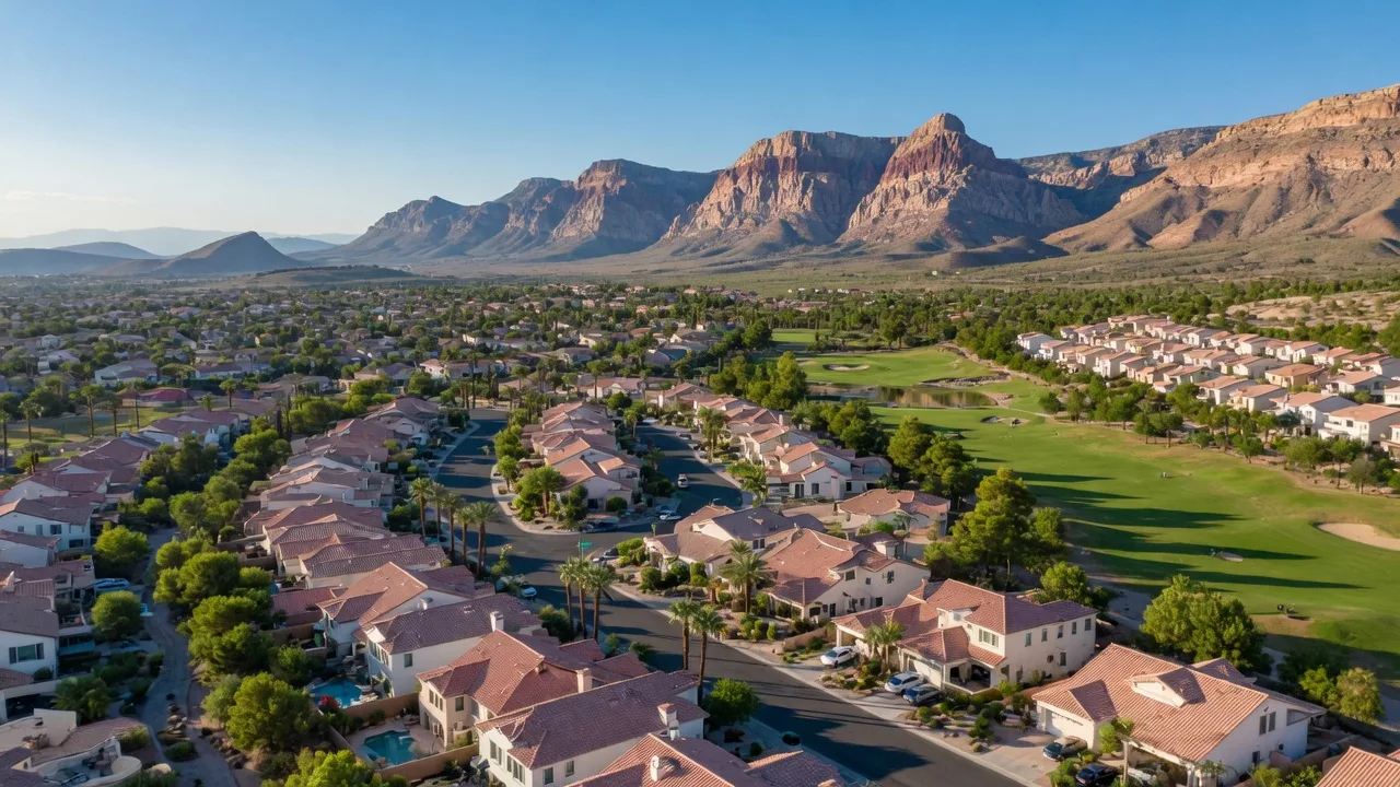 Aerial view of Summerlin West with upscale homes, red-tile roofs, palm trees, and Red Rock Canyon in the distance under a bright summer sky