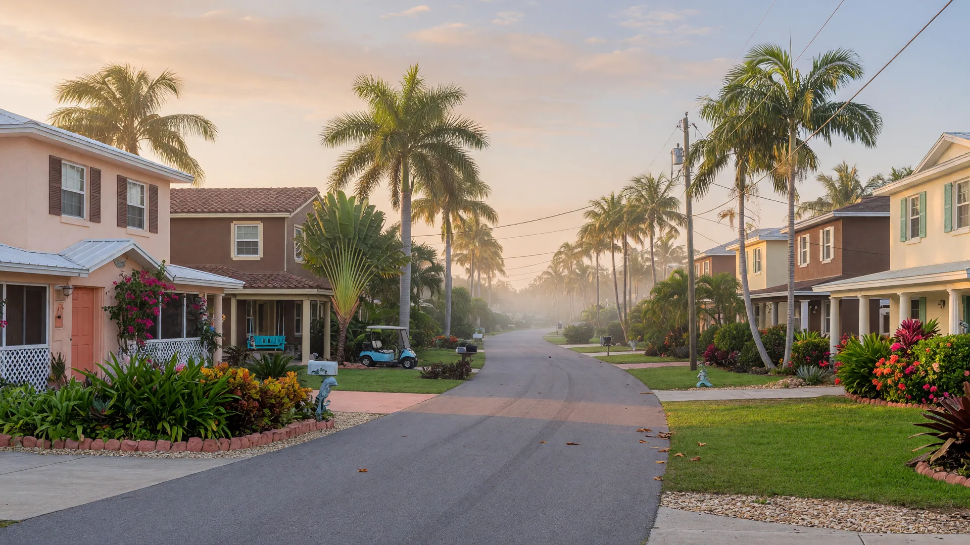A sunlit Florida coastal neighborhood street with palm trees and pastel houses in morning light