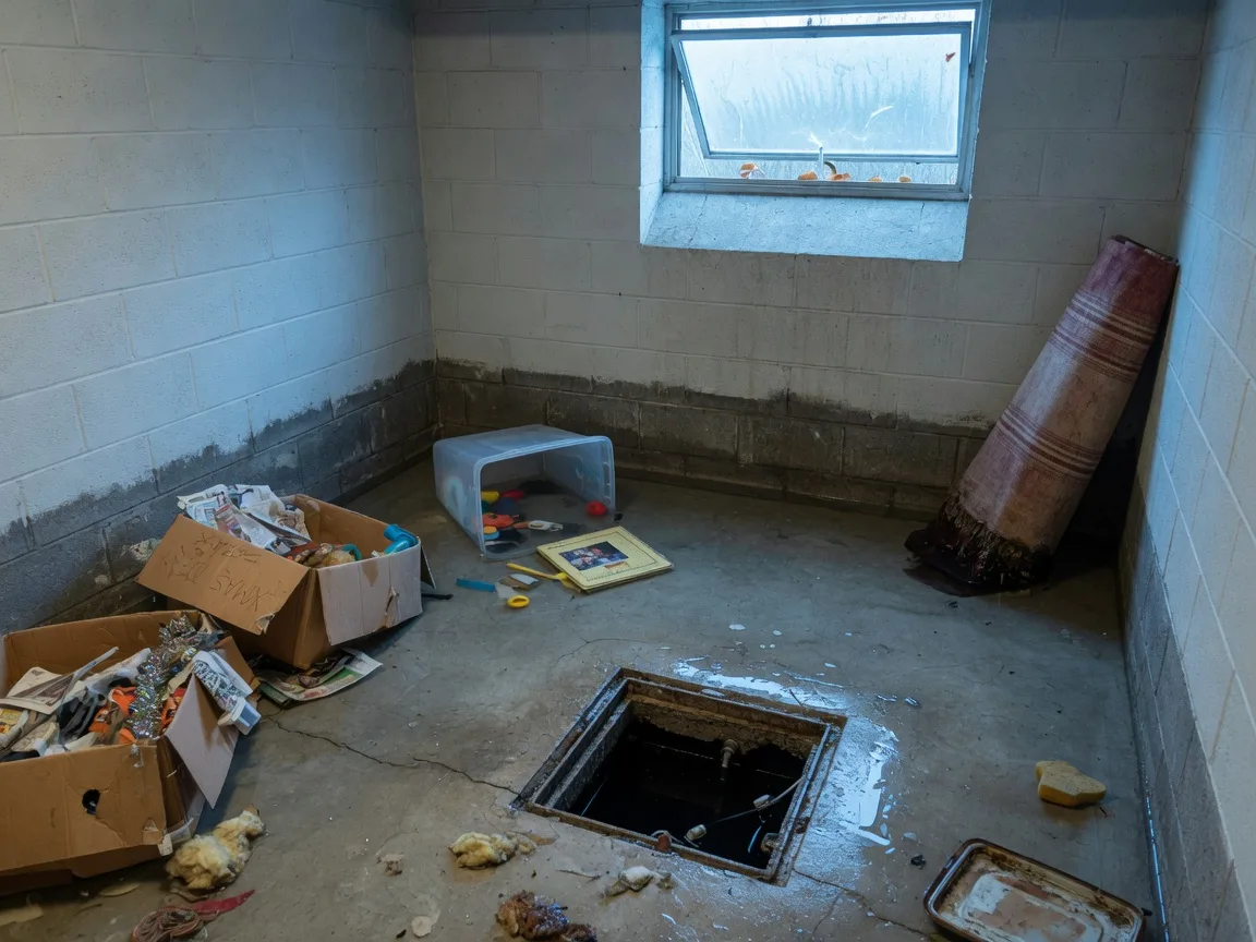 Flooded residential basement with standing water and soaked stored items in Georgia