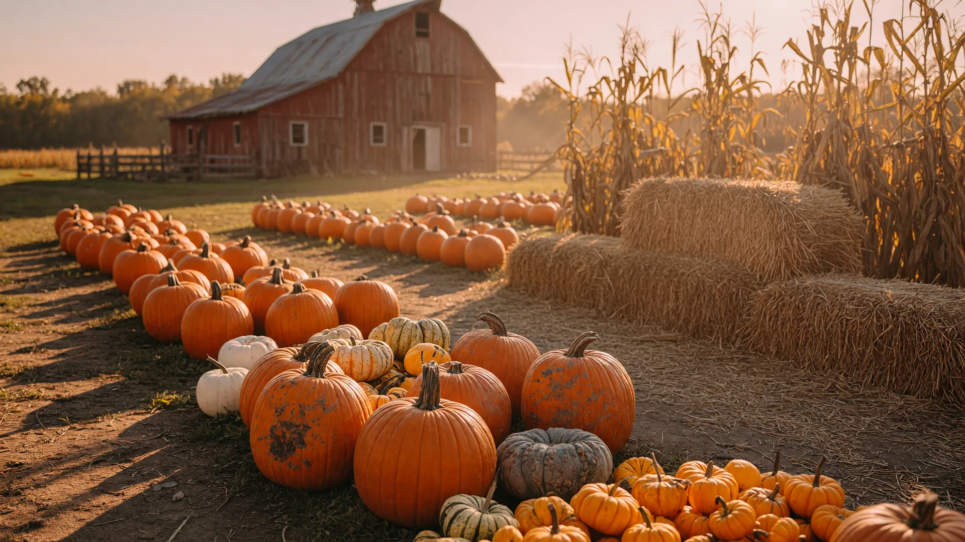 A North Carolina pumpkin patch at golden hour with pumpkins, and gourds, straw bales, and corn stalks