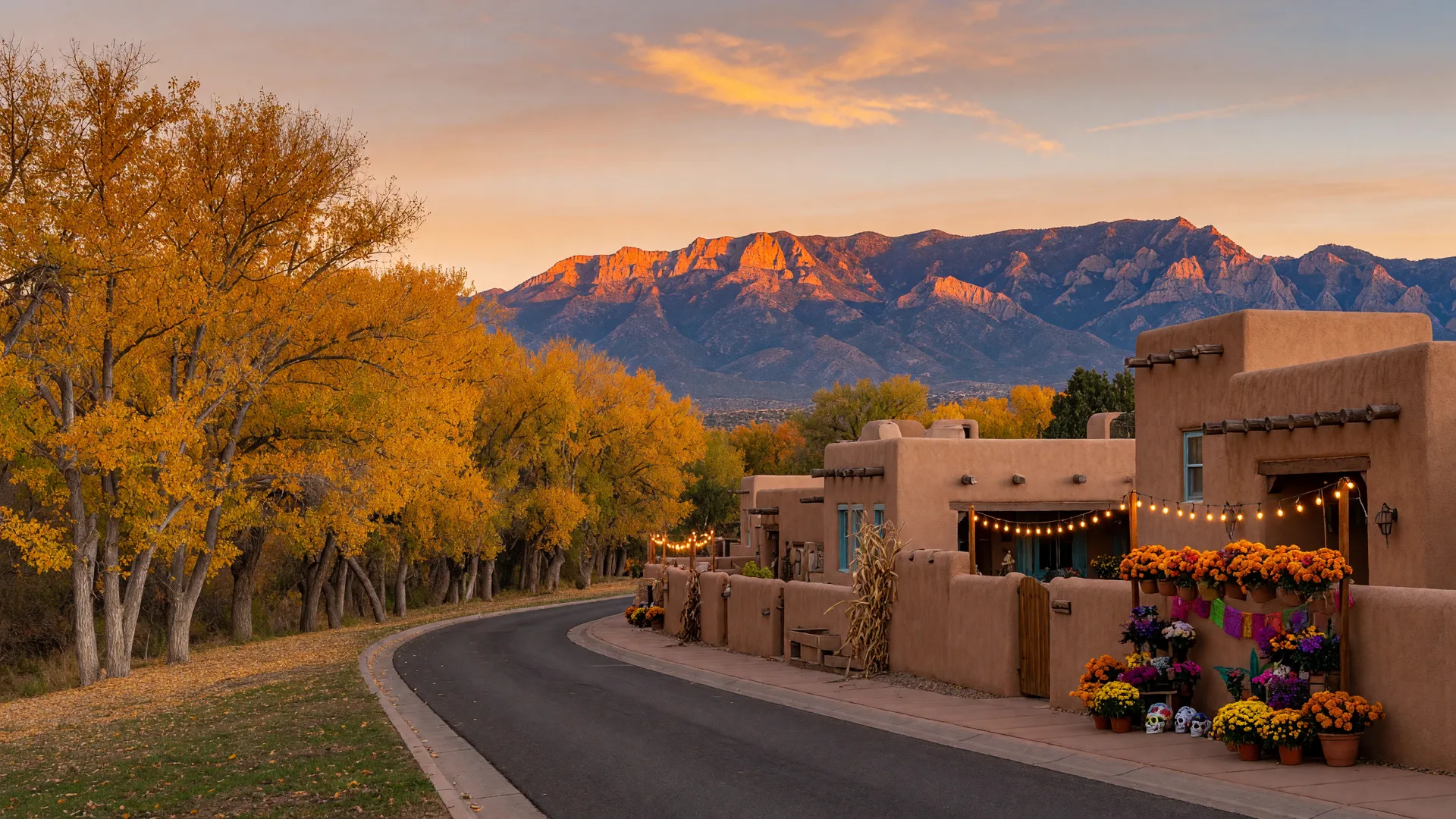 Golden cottonwoods along the Rio Grande bosque framing adobe-style Albuquerque homes with vigas, marigold Dia de los Muertos flowers and warm string lights on a walkway, and the Sandia Mountains glowing in the distance at golden hour