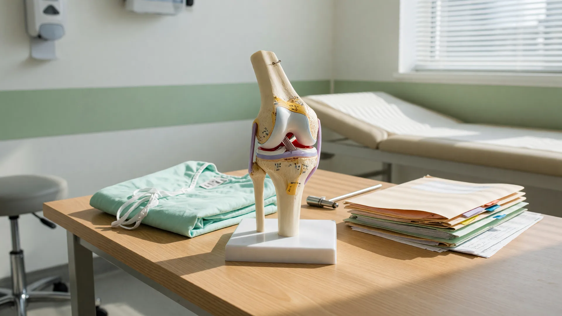 A detailed anatomical model of a knee joint on a wooden table in a bright consultation room