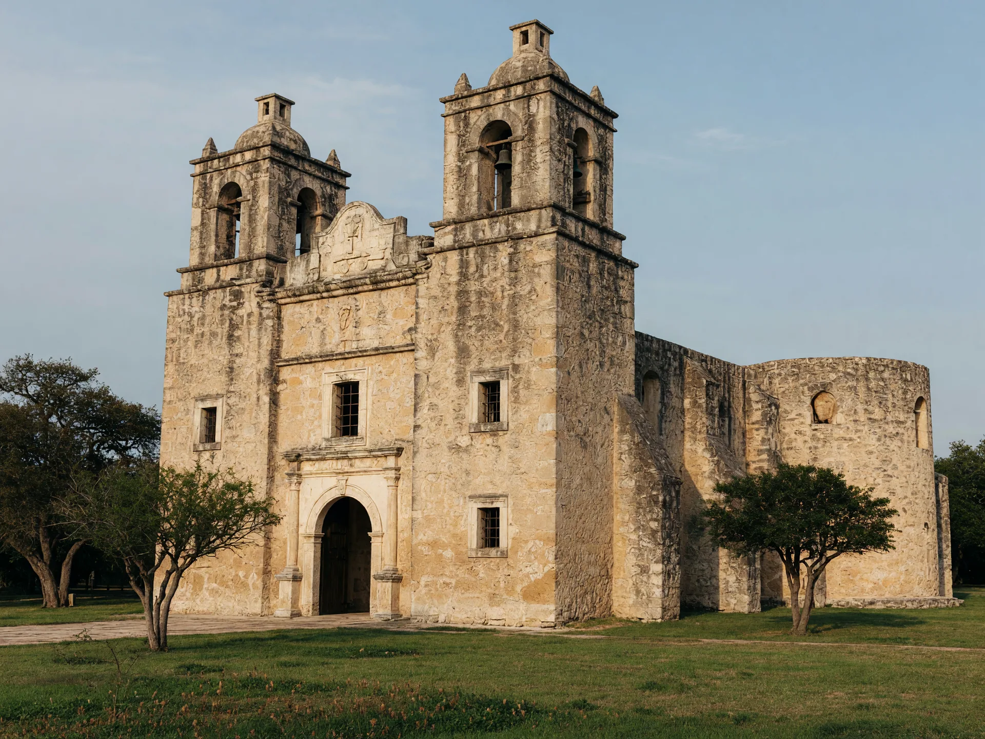 Mission Concepción in San Antonio Texas showing its twin bell towers, arched entrance, and weathered limestone facade with green grass and shade trees in the foreground
