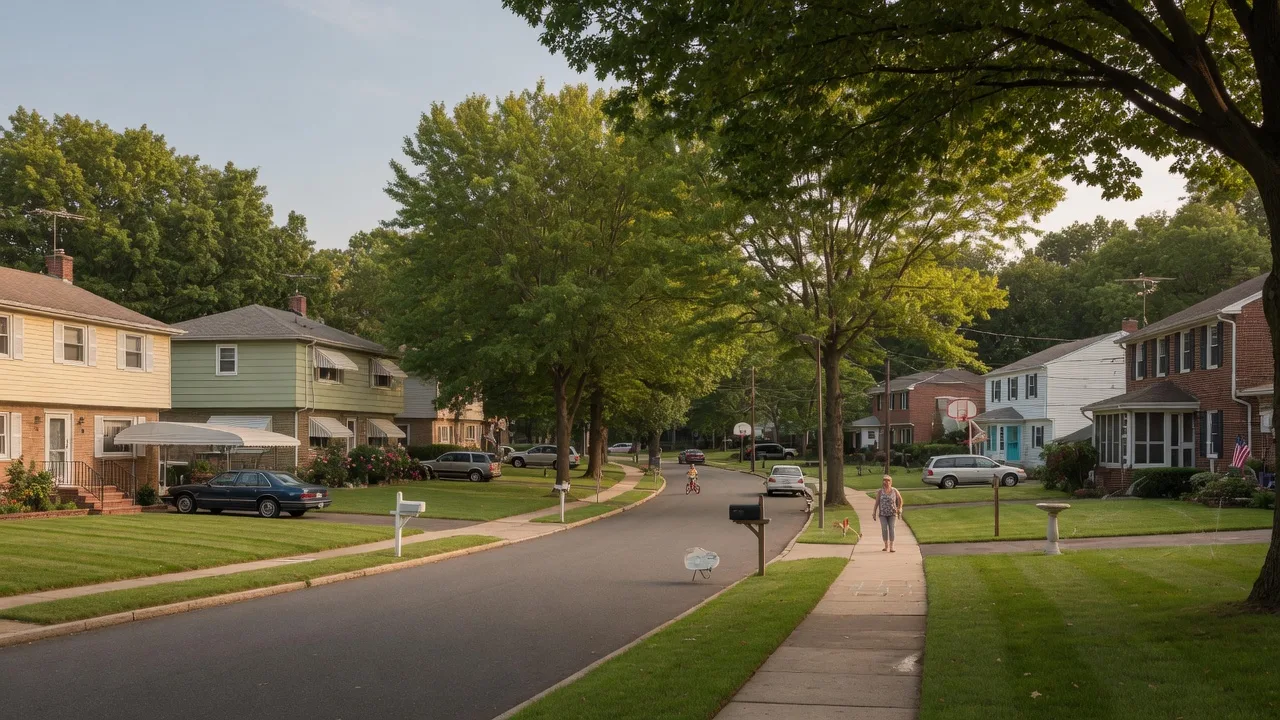 Quiet suburban street in Edgewater Park New Jersey with mid-century homes, mature trees, and warm summer light