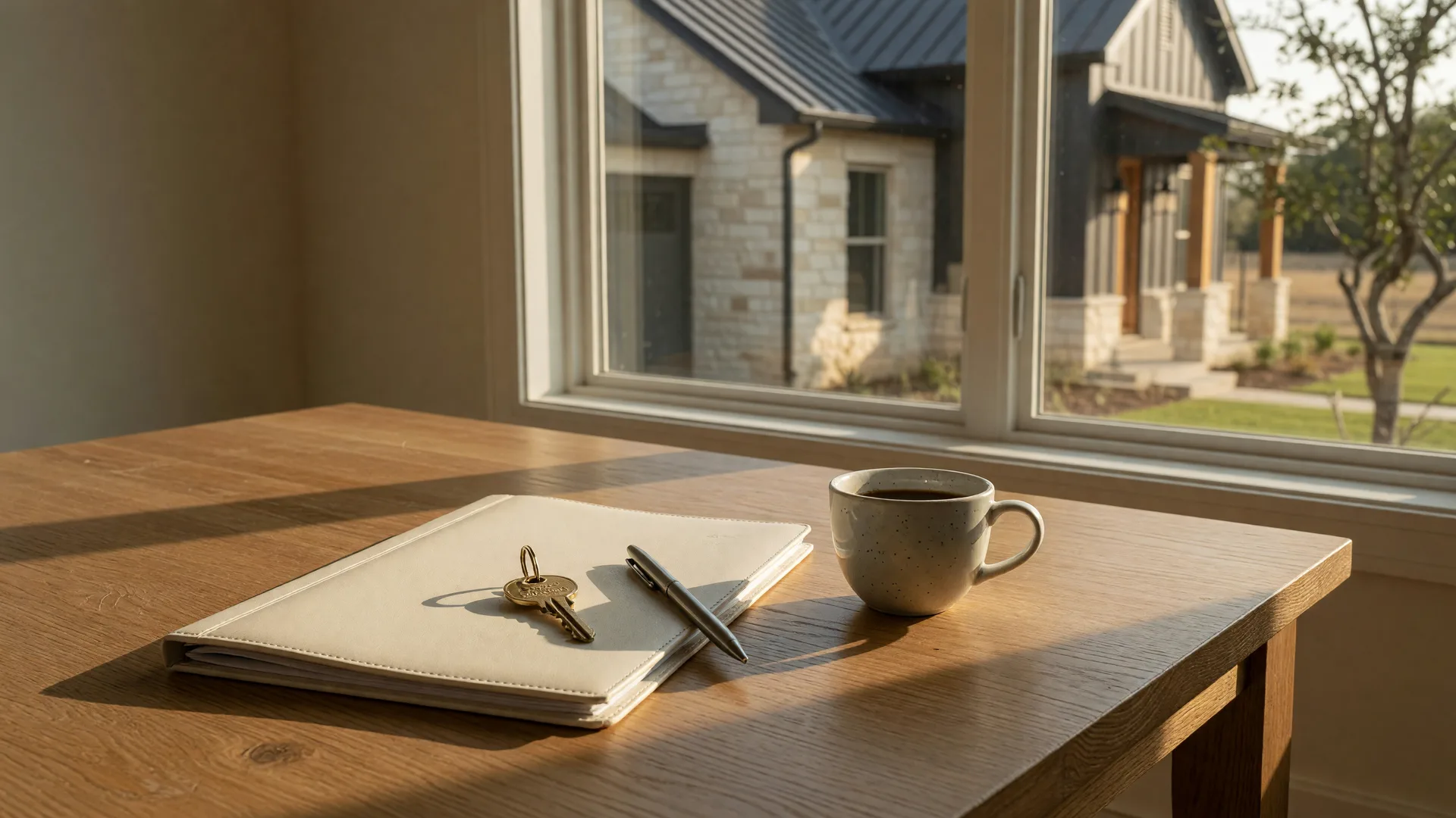 A contract folder, brass house key, and pen on a light oak table in warm window light, with a blurred North Texas home beyond