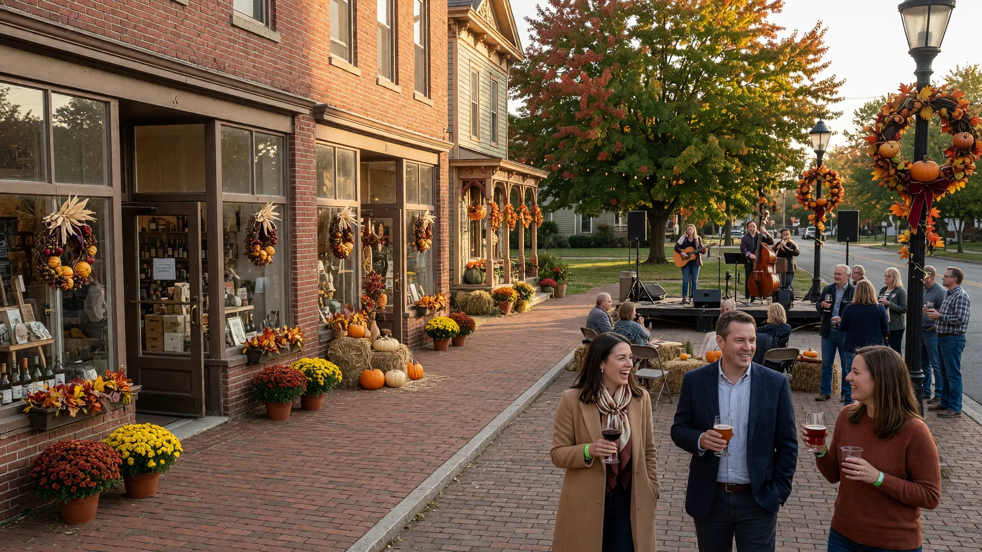 Adults with tasting glasses strolling a historic downtown street with shops and a live band on the green