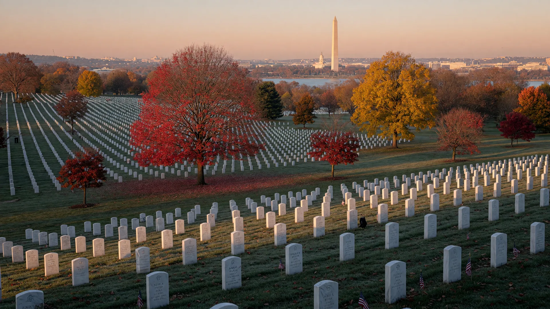 Orderly rows of white marble headstones at Arlington National Cemetery in November, autumn trees in gold and crimson, and the Washington, DC skyline hazy across the Potomac
