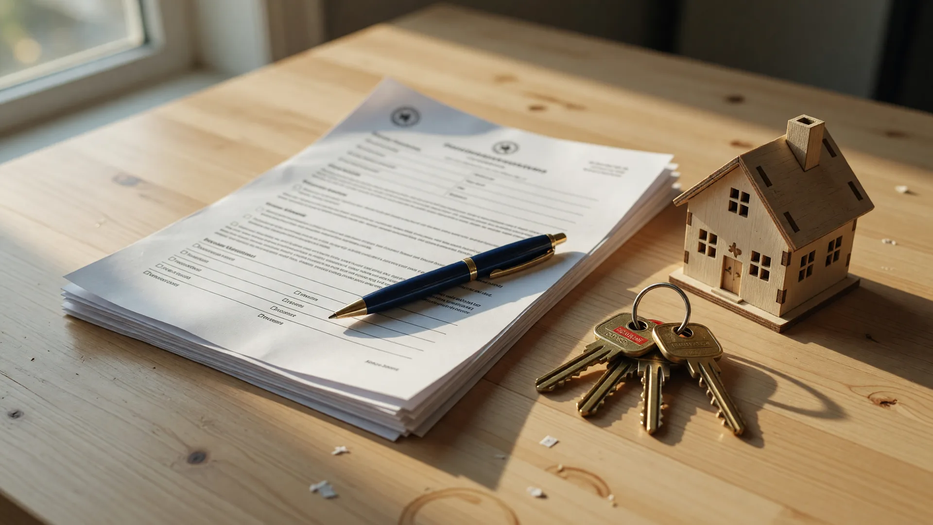 A real estate purchase contract, pen, house keys, and a small model home on a wooden table