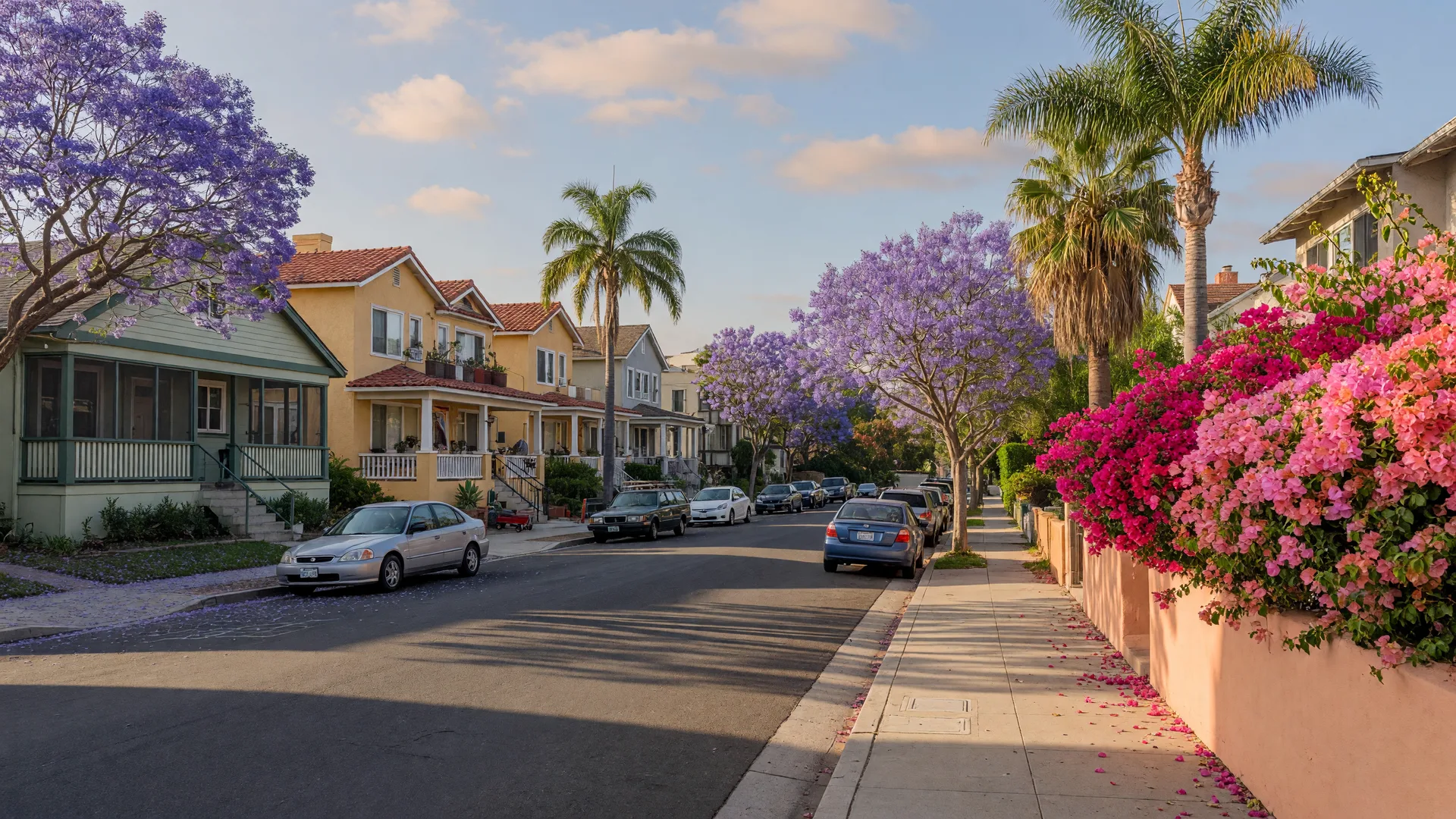 Leafy mid-city San Diego street with bungalows and small multifamily buildings, jacaranda and palm trees, bougainvillea over a stucco wall in late-afternoon light