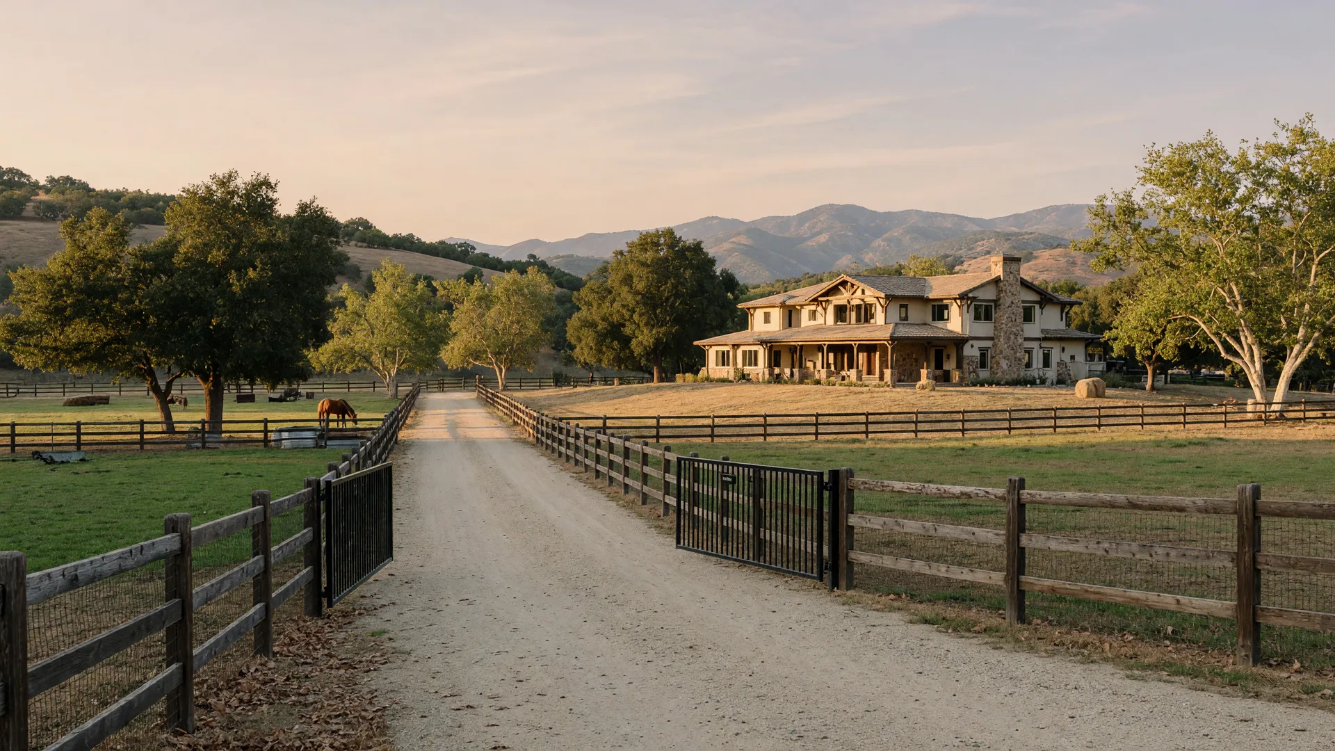 A quiet gravel driveway lined with wood fencing and paddocks leading to a custom estate home in the gated equestrian countryside of West Murrieta