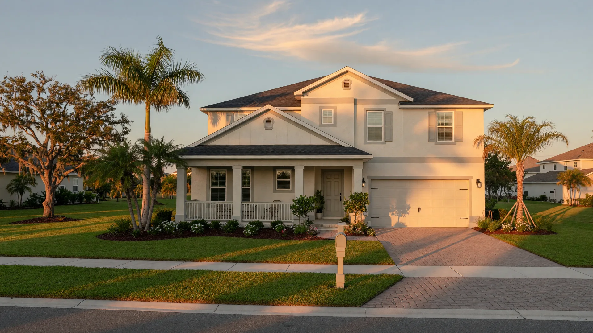 New DR Horton single-family home in a master-planned Polk County community at golden hour