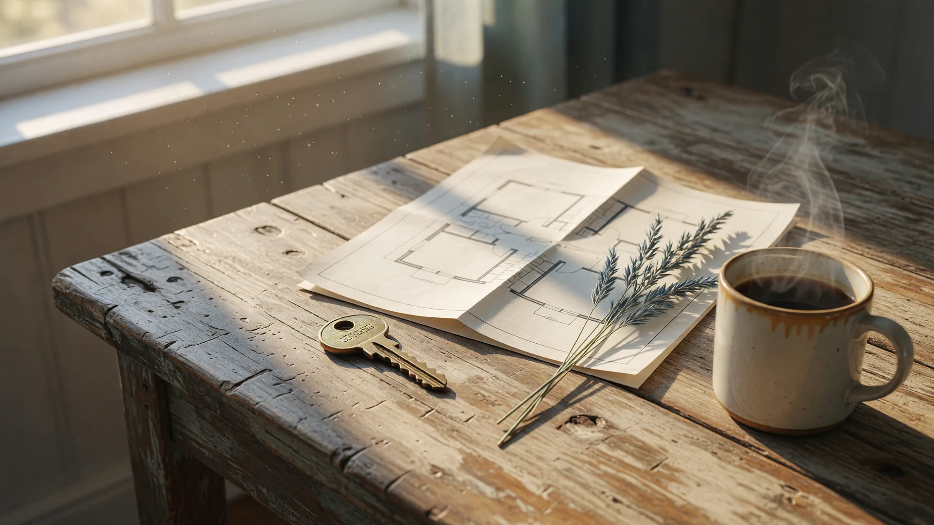 A brass house key resting on a farmhouse table beside a folded floor plan and coffee