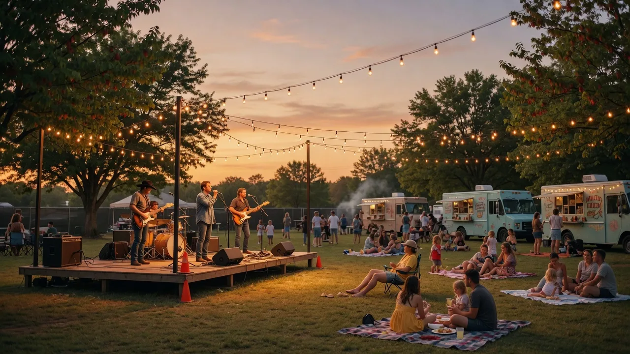 Redbud Rumble outdoor music festival at Redbud Festival Park in Owasso Oklahoma with a live band on stage and families on the lawn at golden hour