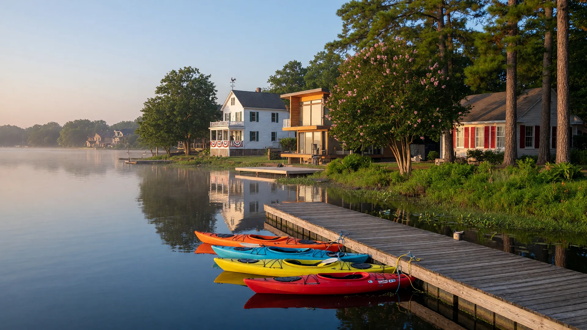 Lake Norman waterfront community with dock and homes on a summer morning