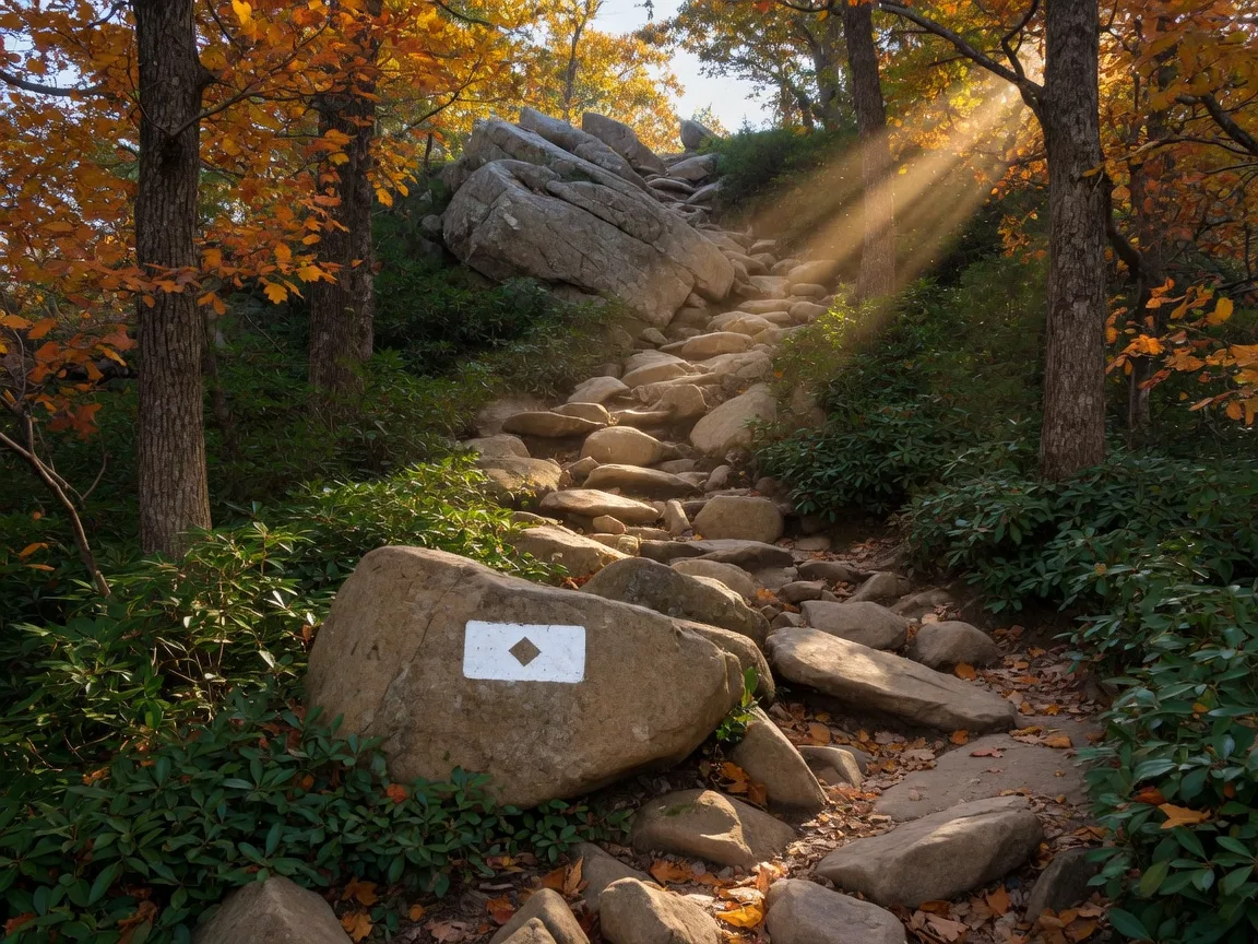 The rocky Appalachian Trail footpath climbing through mountain laurel on Blue Mountain near Bake Oven Knob, with a white trail blaze on a rock