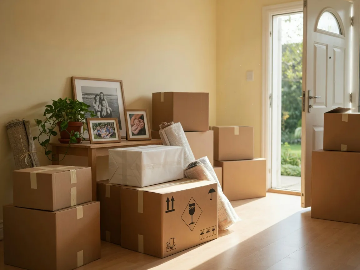 Bright living room with packing boxes and an open door, preparing for a relocation-driven move.