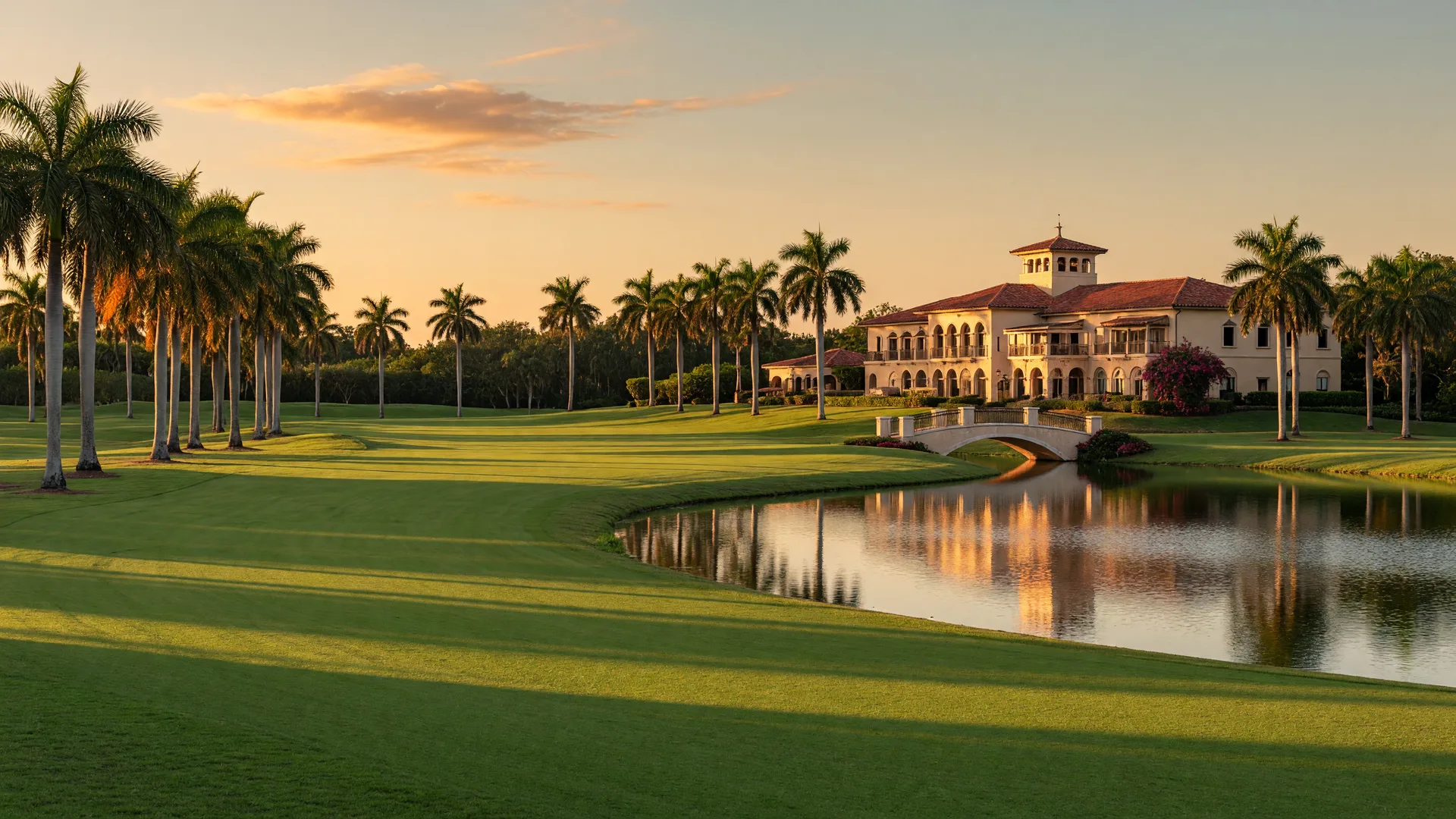 Golden-hour view of a private country club golf community in Boca Raton, with a fairway leading to a Mediterranean-style clubhouse
