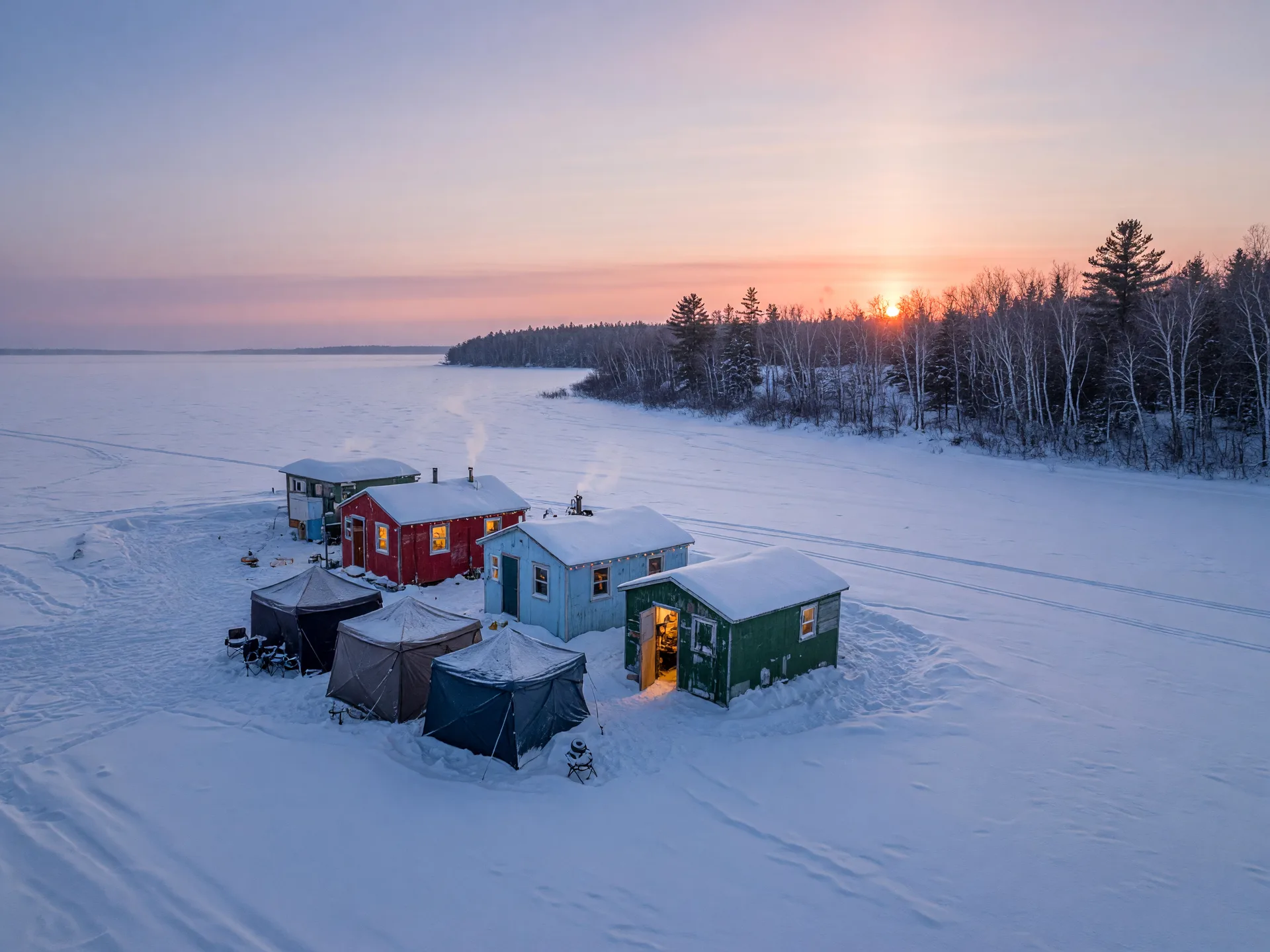 Ice fishing houses on a frozen Minnesota lake at dawn