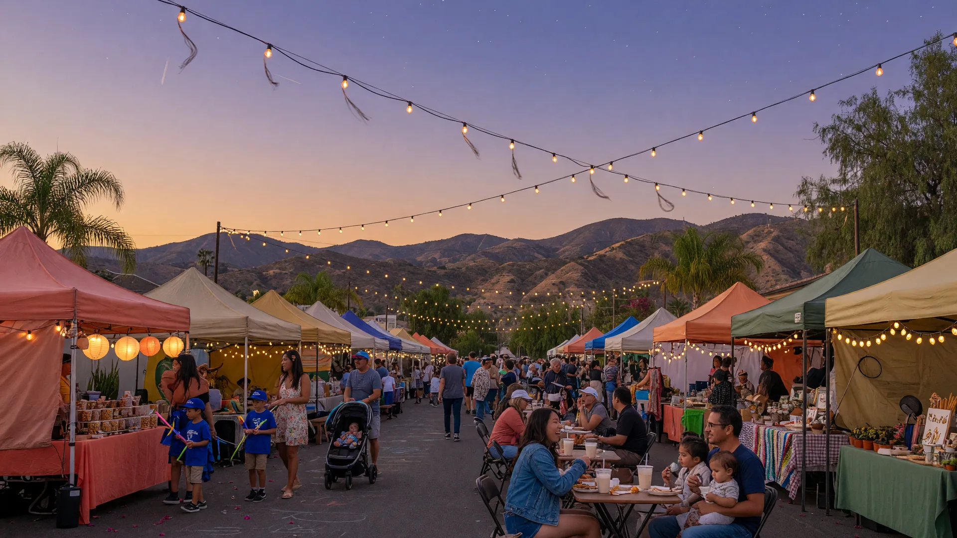 A warm mid-September community festival evening in a Santa Clarita Valley town with string lights and vendor booths