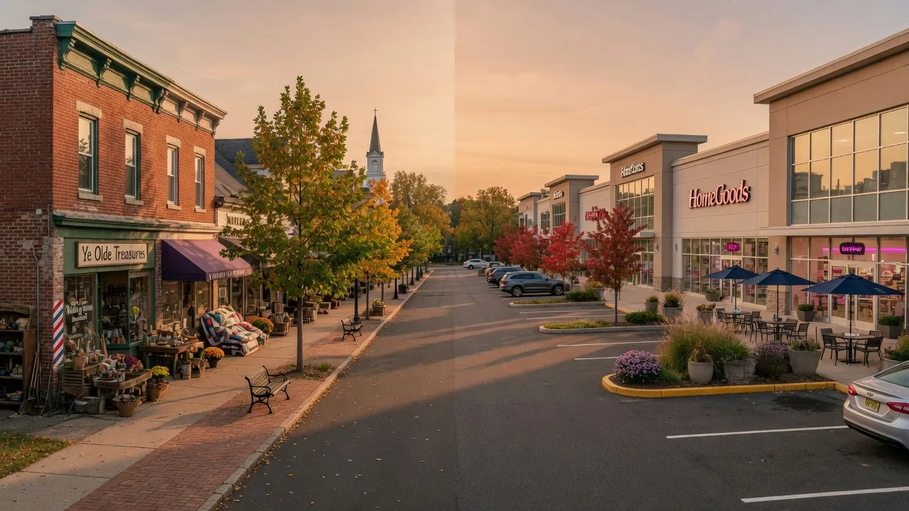 Split-screen comparison showing historic downtown Medford and modern shopping plaza in Marlton