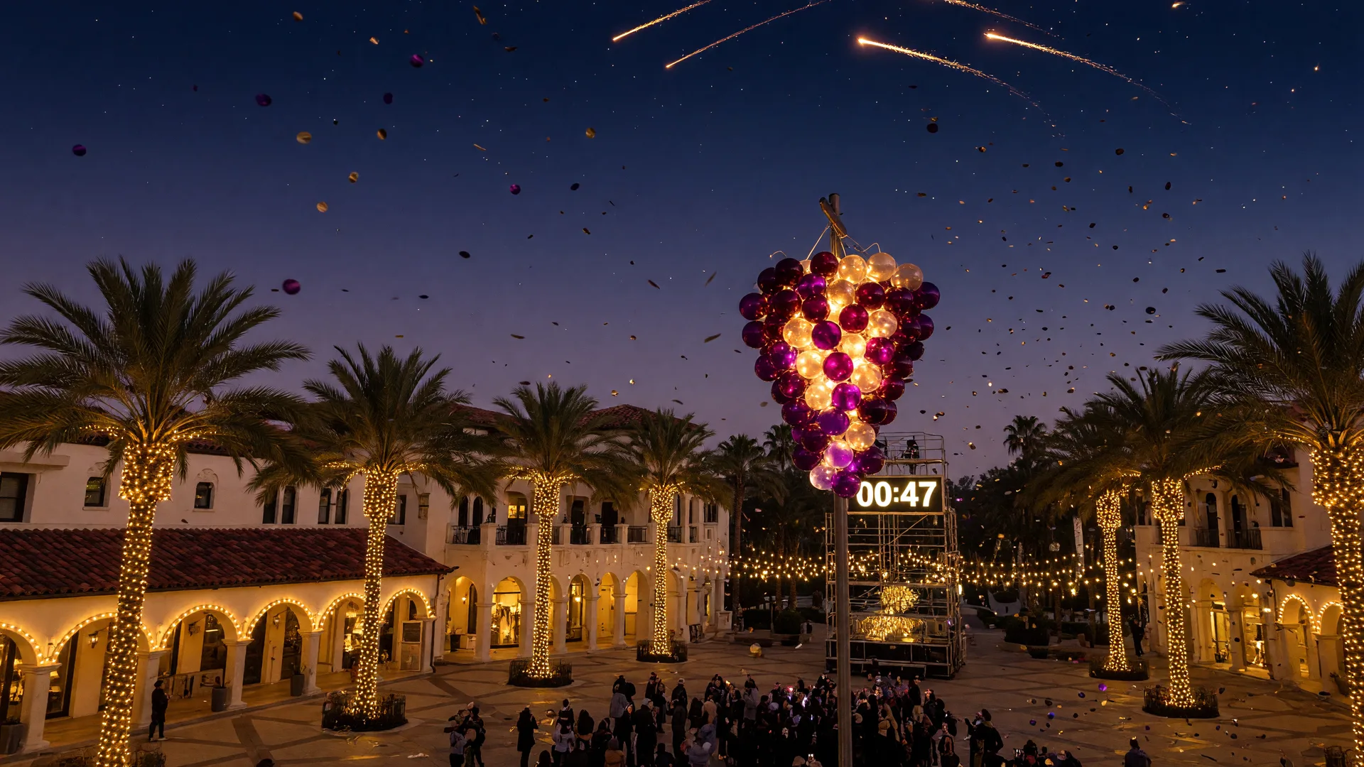 A festive New Year's Eve celebration in a Southern California town square at night, with palm trees strung with golden lights, a glowing countdown clock, and an illuminated grape decoration ready to drop beneath a navy dusk sky