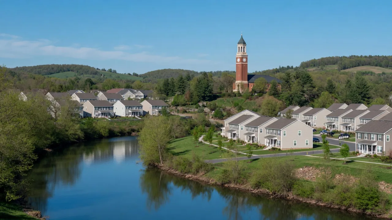 Suburban Collegeville, Pennsylvania with the Perkiomen Creek in the foreground and housing on wooded ridges