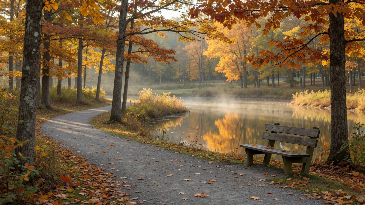 A compacted gravel trail winding through tall hardwoods turning gold and orange at Concord Woods Nature Park in Painesville, Ohio in late October, leading to a small scenic fishing pond with golden reflections and a rustic wooden bench in dappled morning light