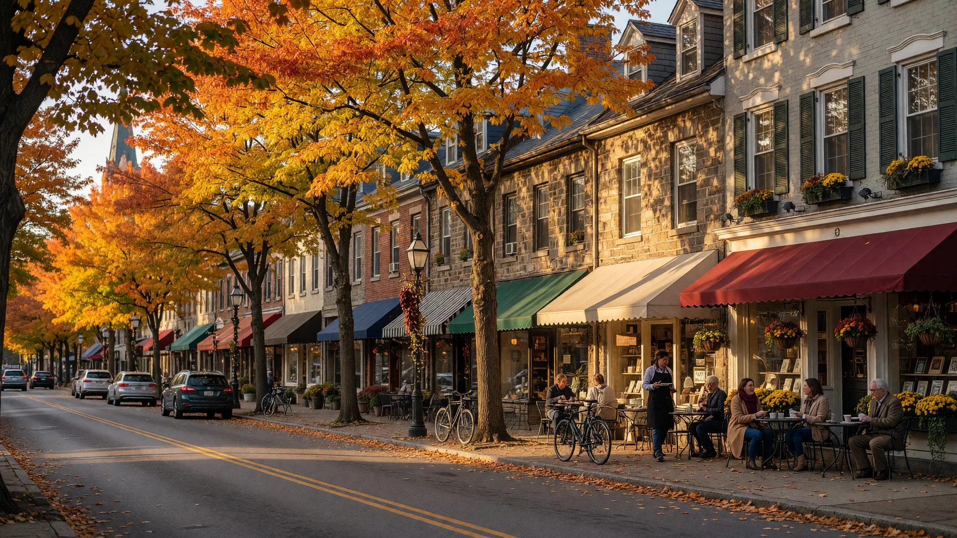 Charming downtown Wayne on Lancaster Avenue with historic stone buildings, boutique shops, and autumn foliage on a golden afternoon
