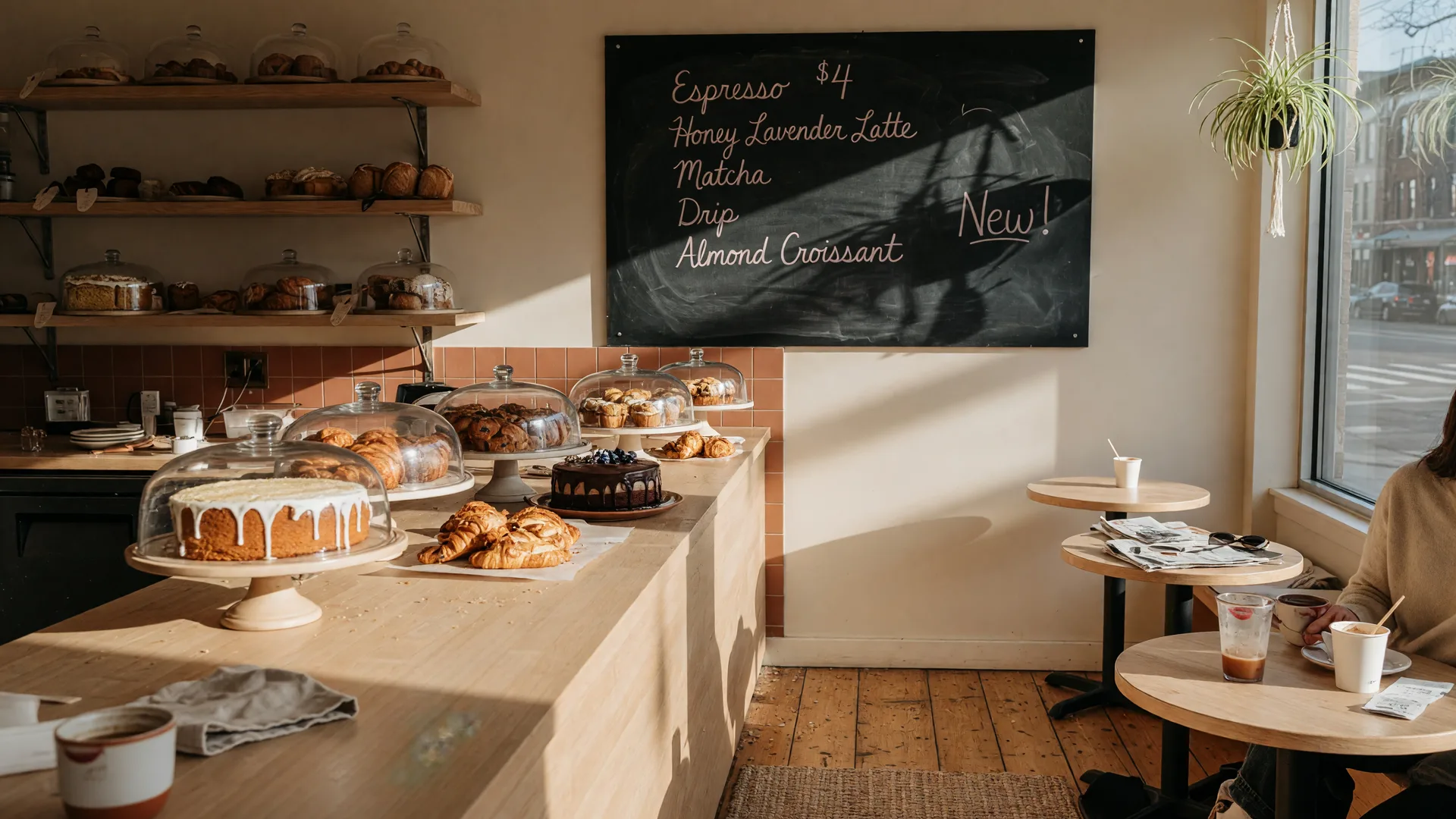 A cozy new cafe-bakery storefront in downtown Bloomfield NJ with fresh pastries and cakes in the window on a sunny morning