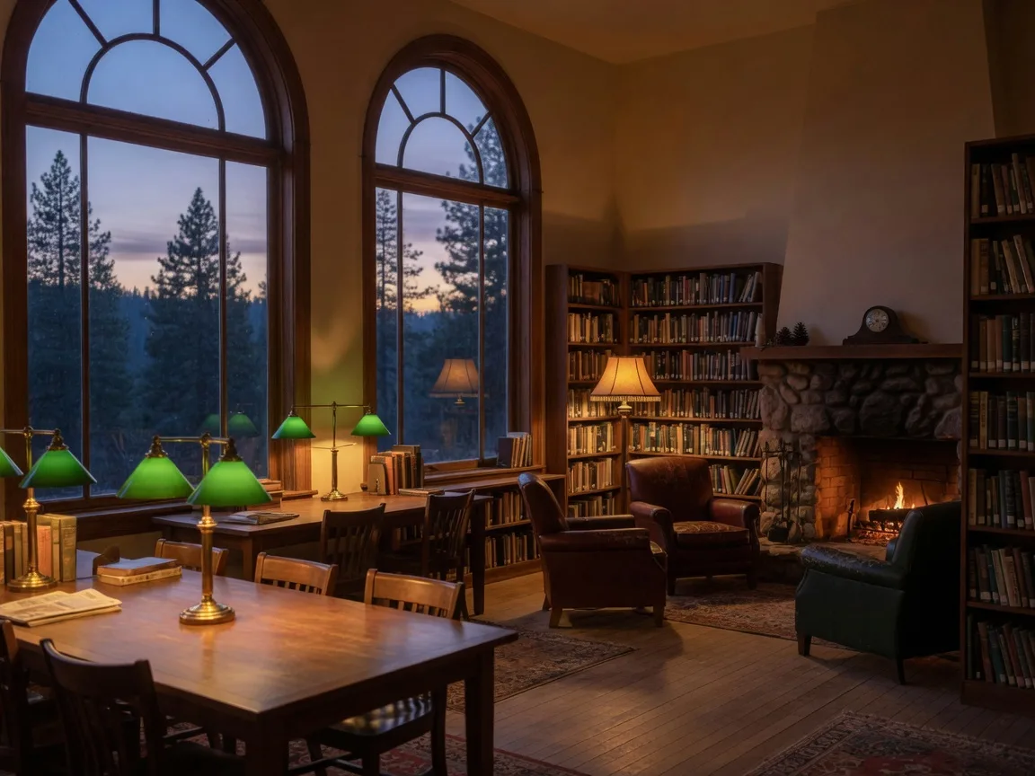 A cozy library reading room at dusk with warm lamps and tall windows, quiet and inviting