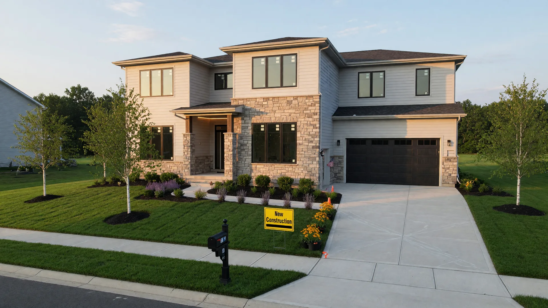 Modern newly constructed home in South Jersey with stone and siding facade in golden morning light