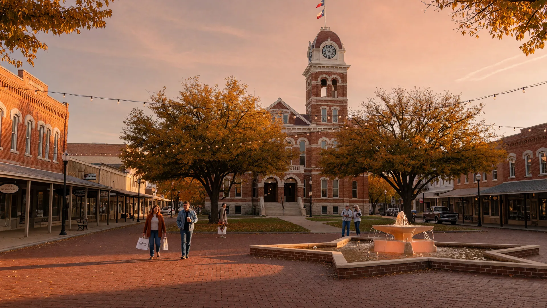 Sulphur Springs Texas downtown square with the historic courthouse and red-brick streets at golden hour in October