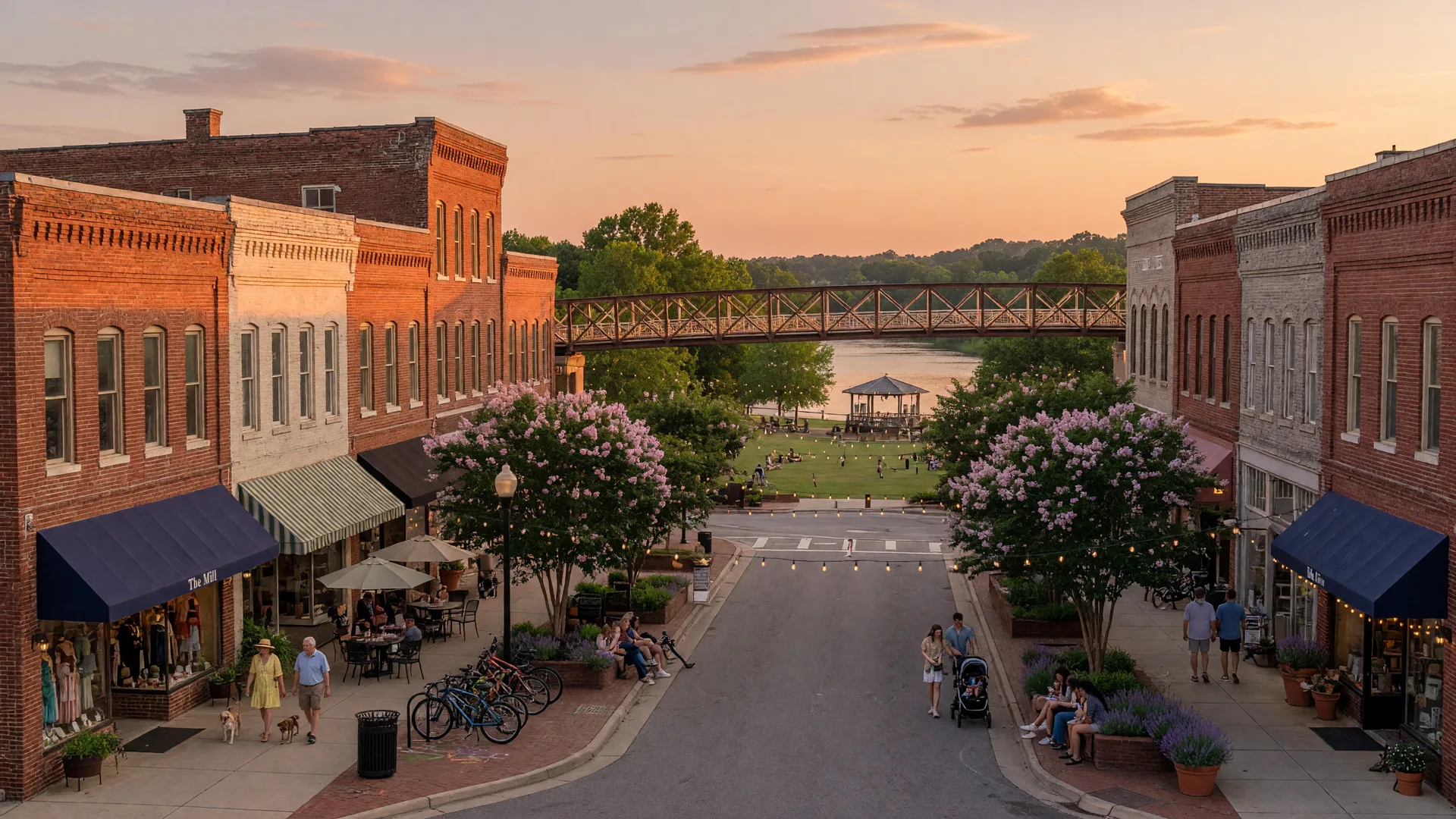The revitalized Main Street of Rock Hill SC with shops and a riverfront park at golden hour