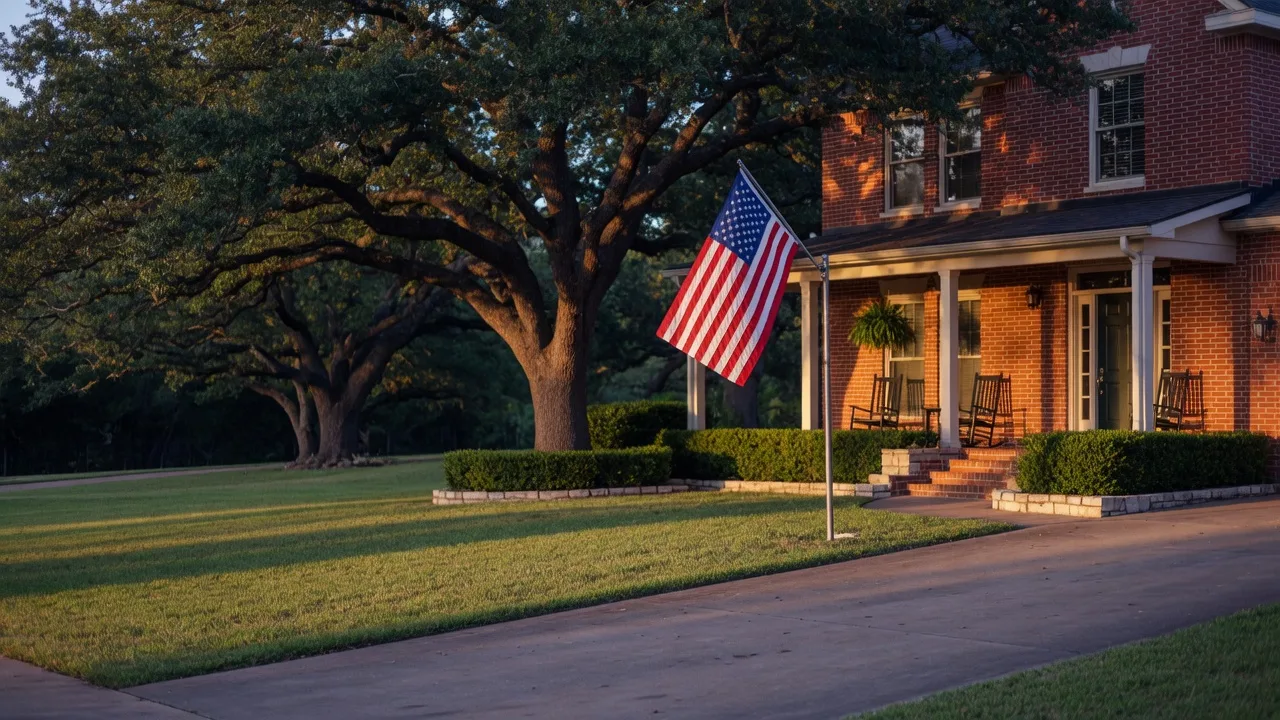 American flag beside the front porch of a brick Texas Hill Country home at golden hour