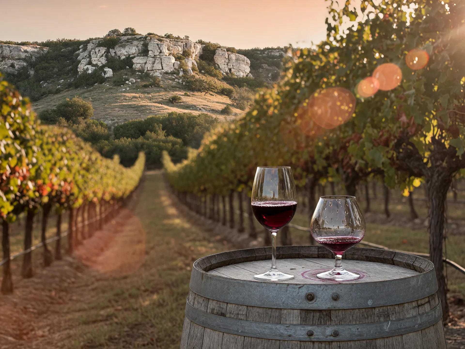 A glass of deep red Texas wine on a weathered oak barrel at the end of a vineyard row in late afternoon light