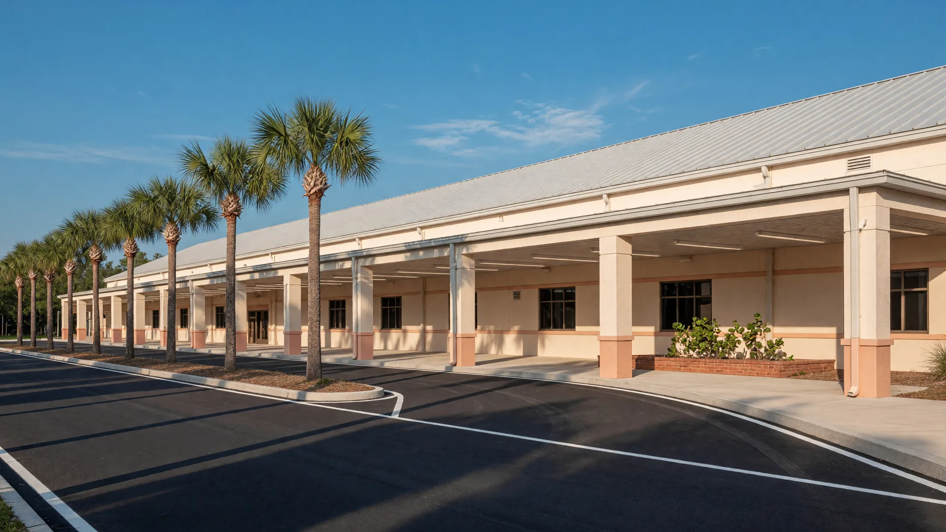 Modern St. Johns County K-8 academy with a covered drop-off canopy, palms, and a quiet entry lane on a bright morning