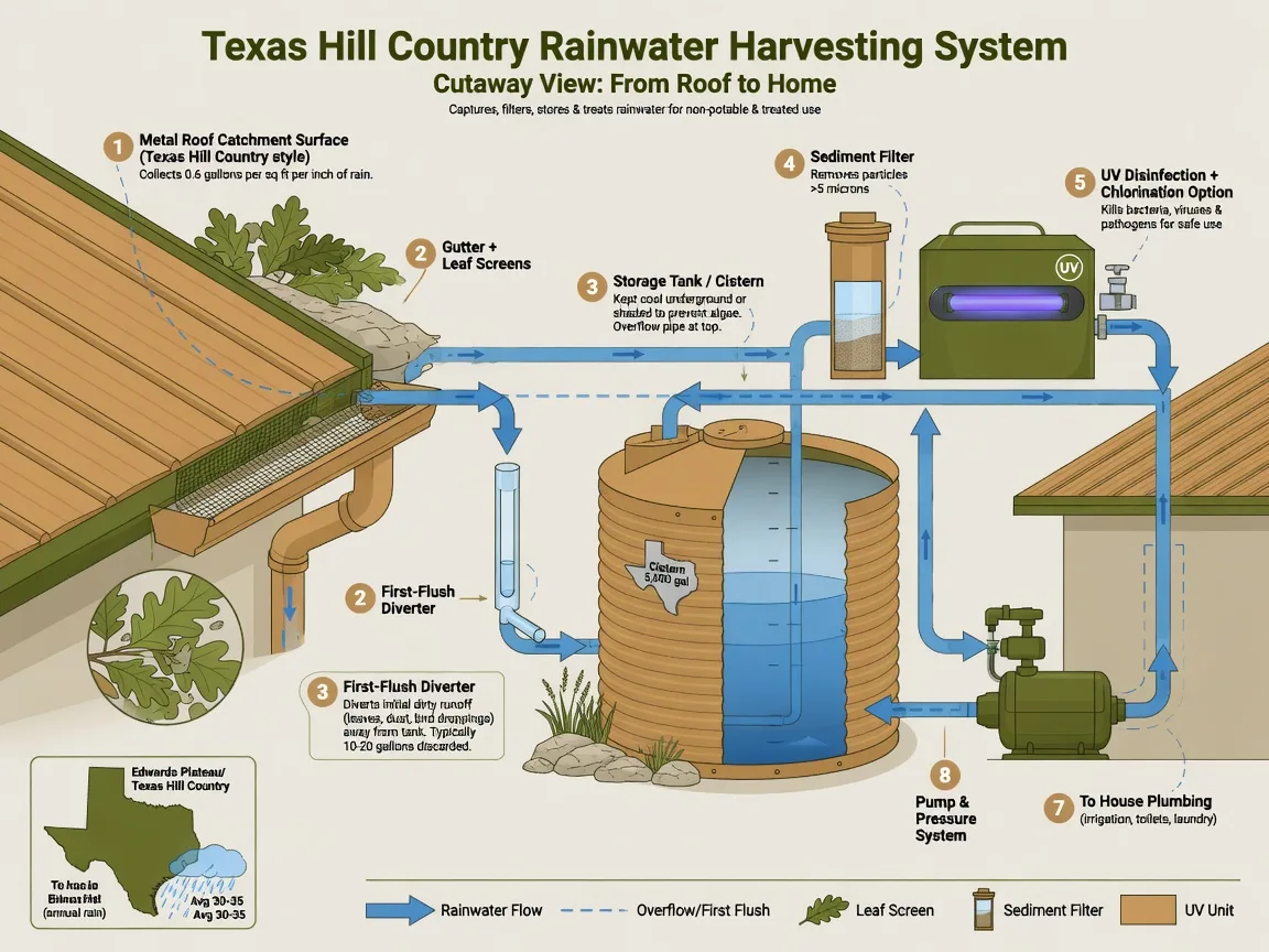 Cutaway diagram showing the complete rainwater harvesting system from roof catchment through gutters, first-flush diverter, cistern storage, filtration, and pump distribution to the house
