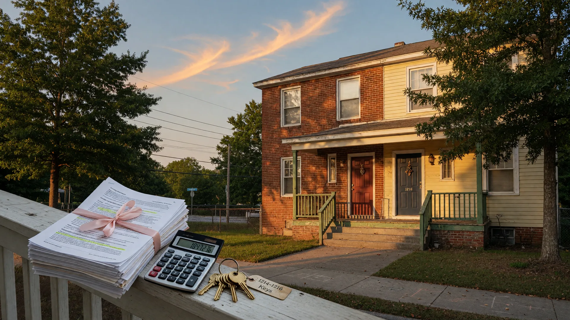 A classic Atlanta brick-and-siding rental duplex at golden hour with sale documents, a calculator, and brass keys on the porch railing, representing the decision to sell a rental or 1031 exchange into another property