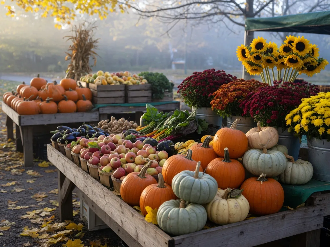 Autumn farmers' market stall piled with pumpkins, squash, and apples in Oshawa