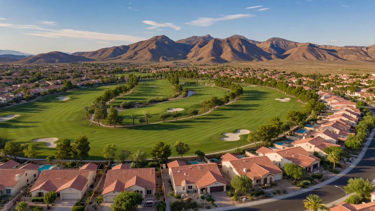 Aerial view of Rhodes Ranch golf course community in southwest Las Vegas with Mediterranean-style homes, palm trees, and desert mountains under a bright summer sky