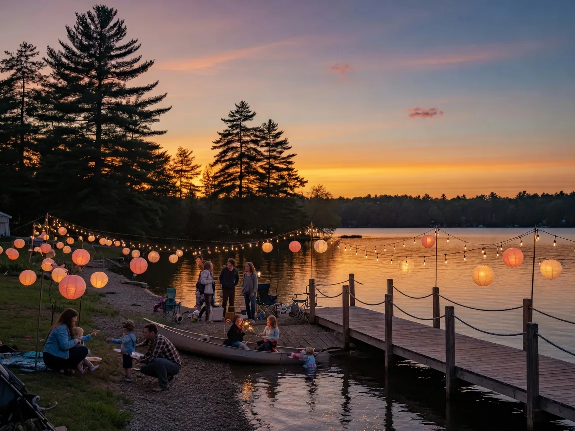Evening lakeside community gathering in Michigan with string lights, a dock, and families by the water during a golden sunset