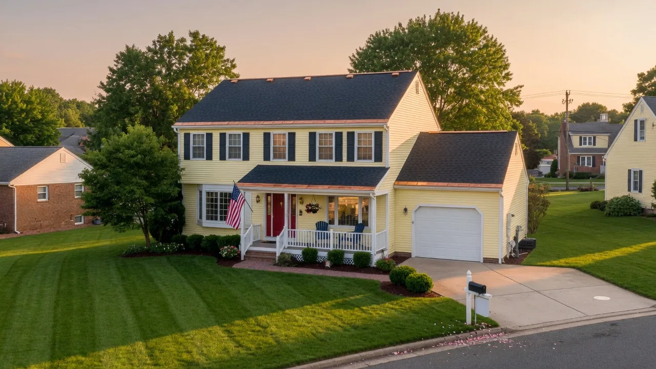 Classic South Jersey suburban home with freshly painted siding, a new roof, and a well-maintained lawn in warm golden hour light