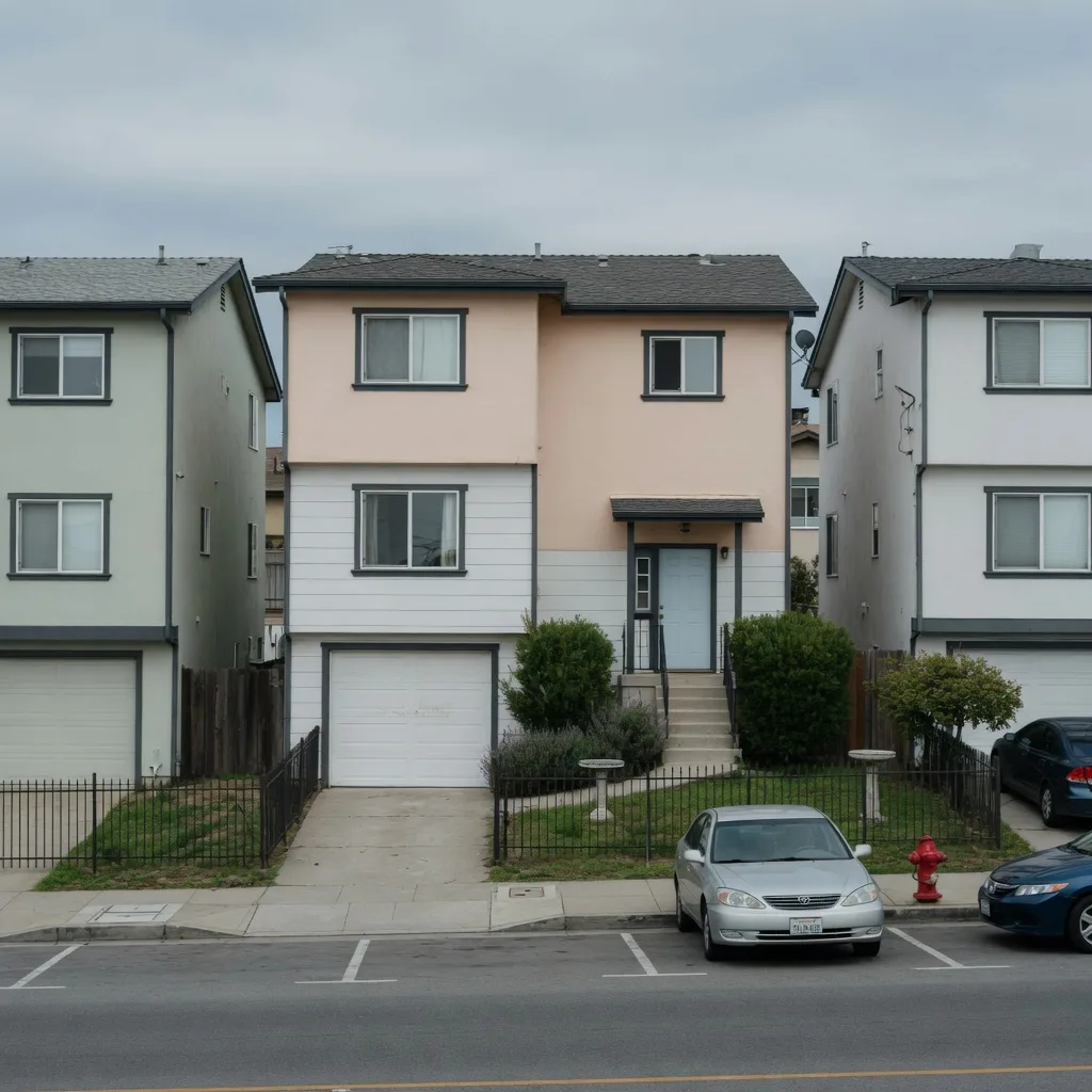 A modest attached California townhouse with a small two-car garage and shared walls, representative of what a mid-range budget buys in coastal California