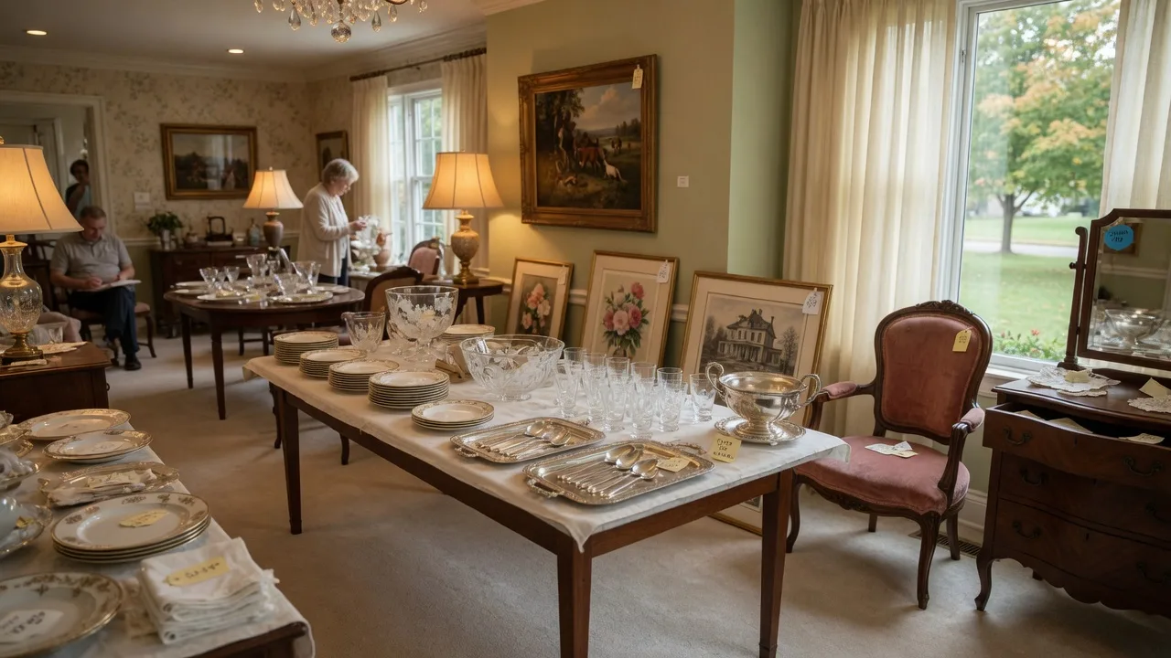 Estate auction preview room with fine china,crystal,silver,framed art,plus vintage furniture displayed for inspectionon tables under warm lighting