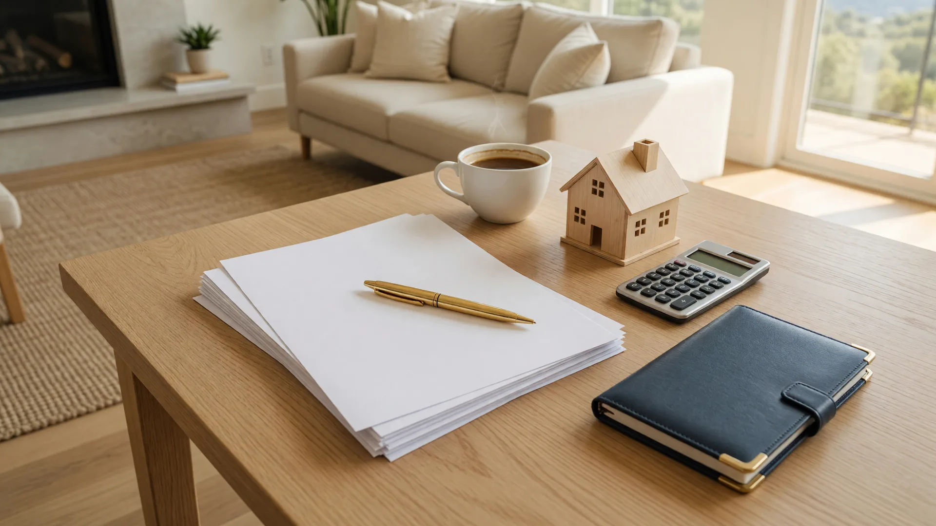A homeowner's closing table with documents, a gold pen, a model house, a calculator, and a navy notebook in warm natural light
