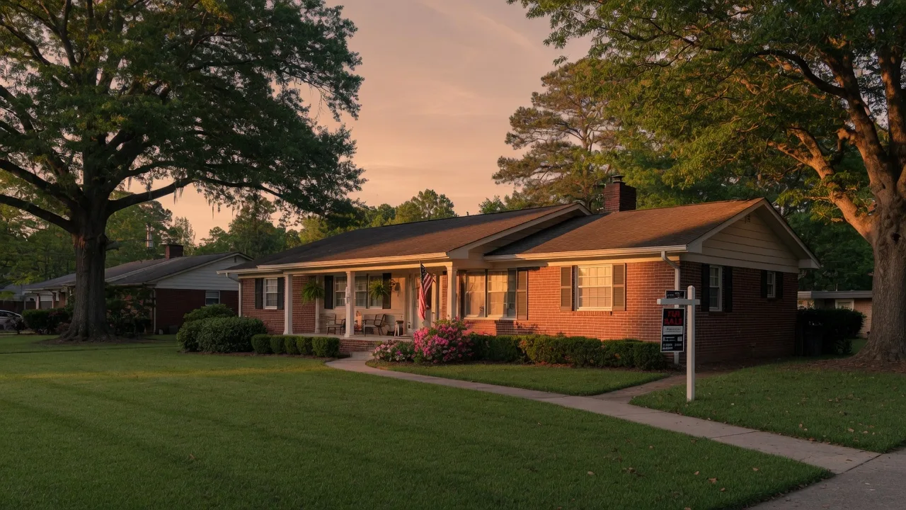 A single-story ranch-style home in a Metro Atlanta suburb at golden hour with a low roofline, covered porch, and mature oaks, representing easier one-level living